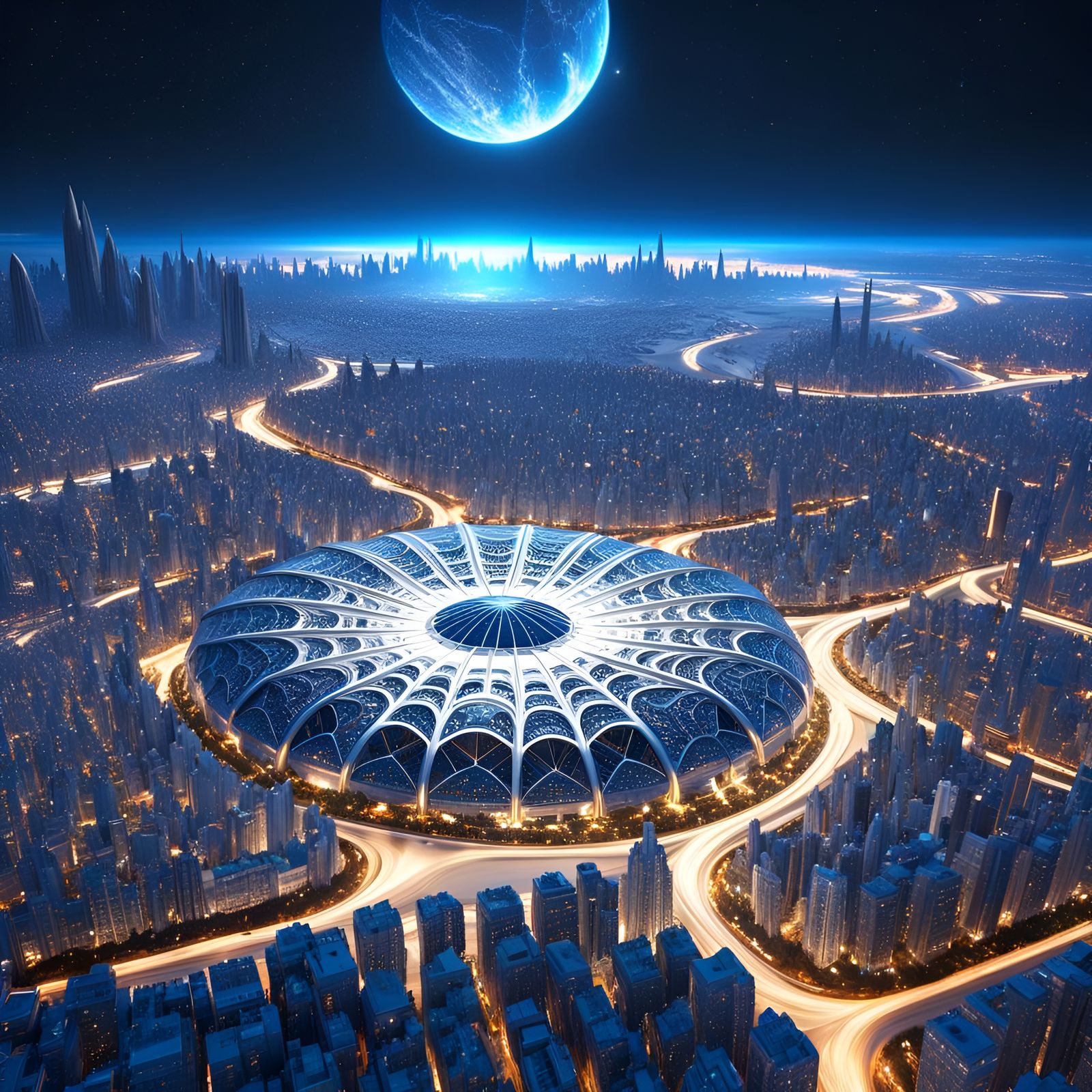 Futuristic Alien Megapolis in Gaudi Style from Space
