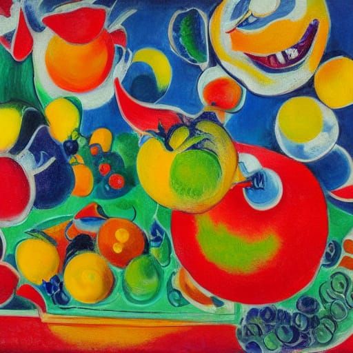 Vibrant Fruits in Whimsical Street Market Scene