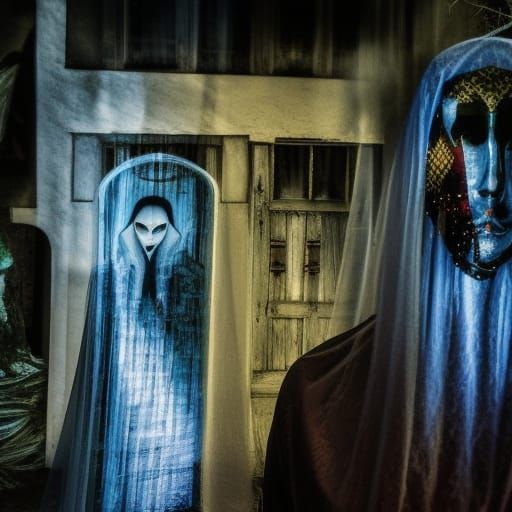 Ghostly apparitions of Angels Of Death , Ghost souls haunting a village, infrared photography ,clothed in light and lum...