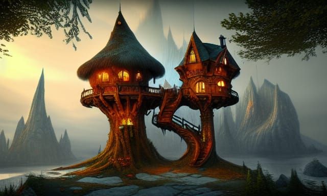 Fantasy Arctic Treehouse Castle: Detailed Matte Painting