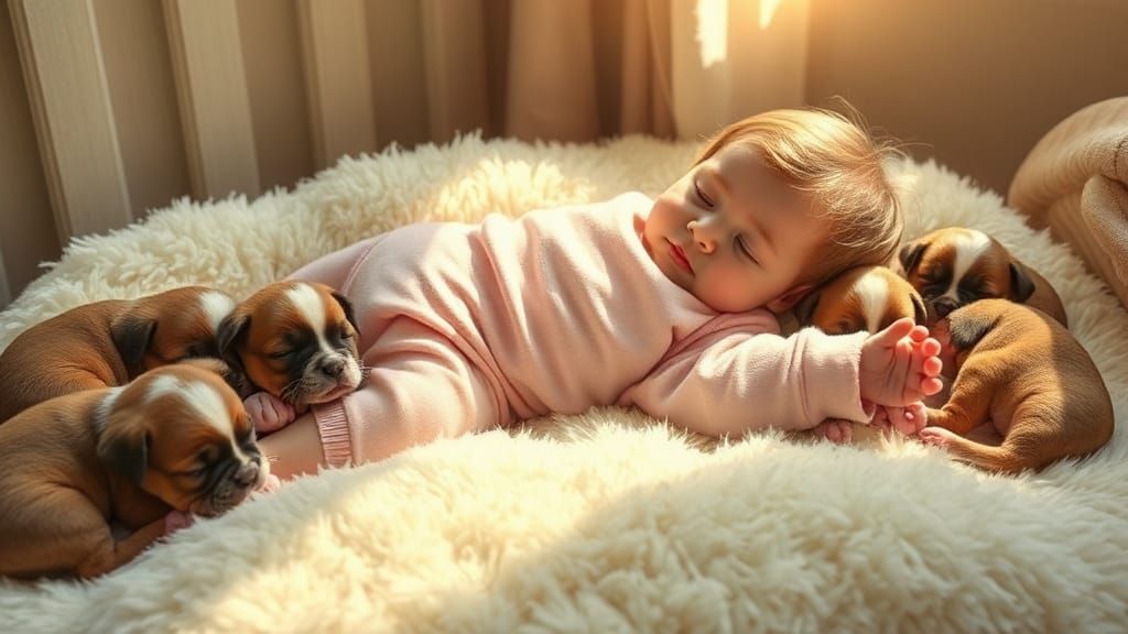 Toddler with Puppies in Dreamlike Nursery