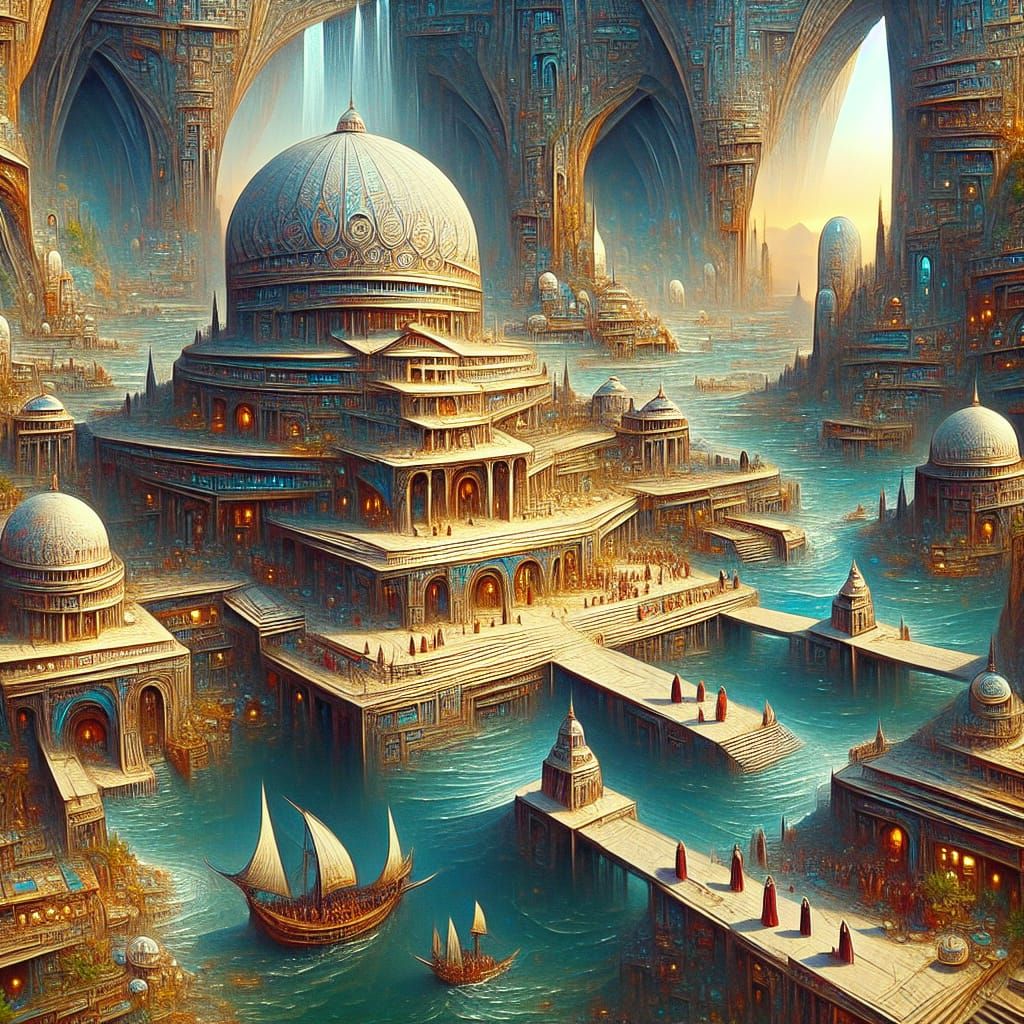 Creation depicting a world where ancient civilization thrive, showcasing their unique architecture, art, and daily life ...