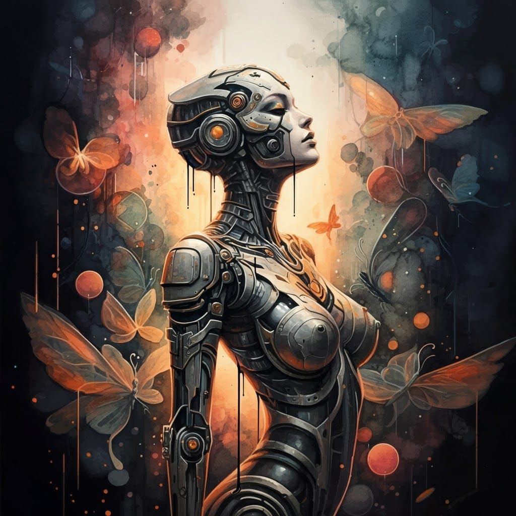 Cybernetic Iron Butterfly in Cyberpunk Watercolor