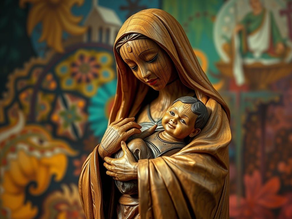 Wooden Mother and Child Sculpture in Hyperrealistic Style