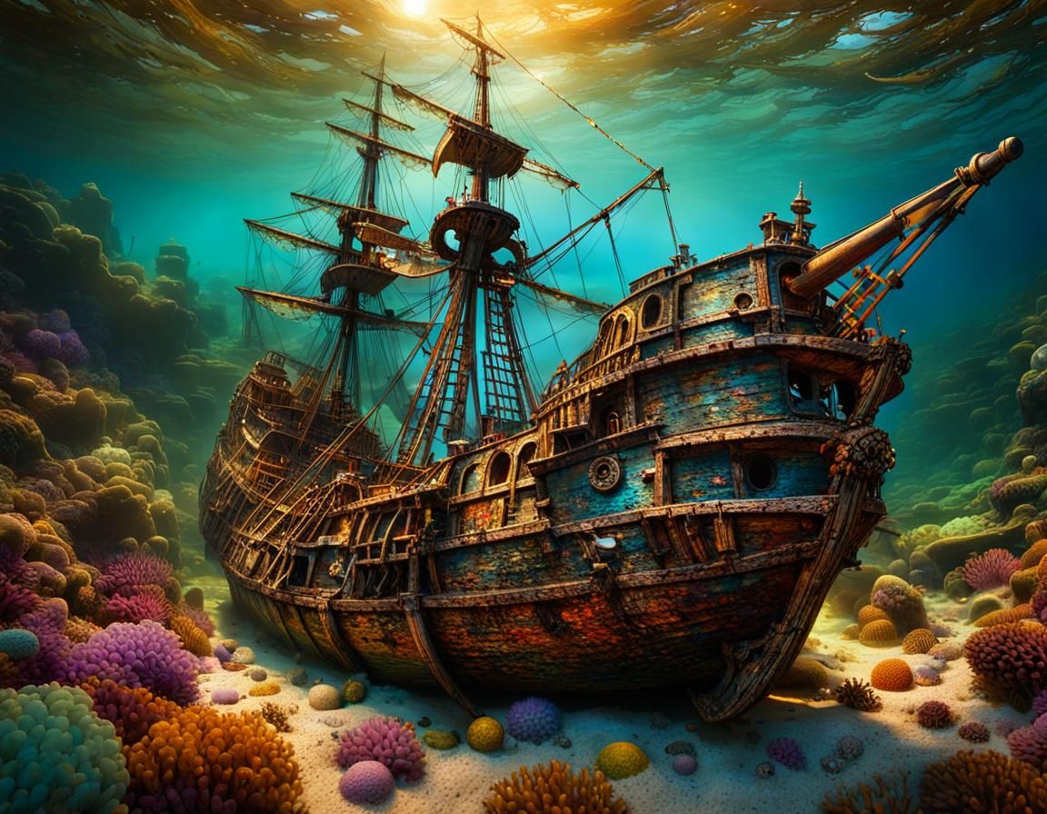 Sunken Pirate Ship in Primitive Style