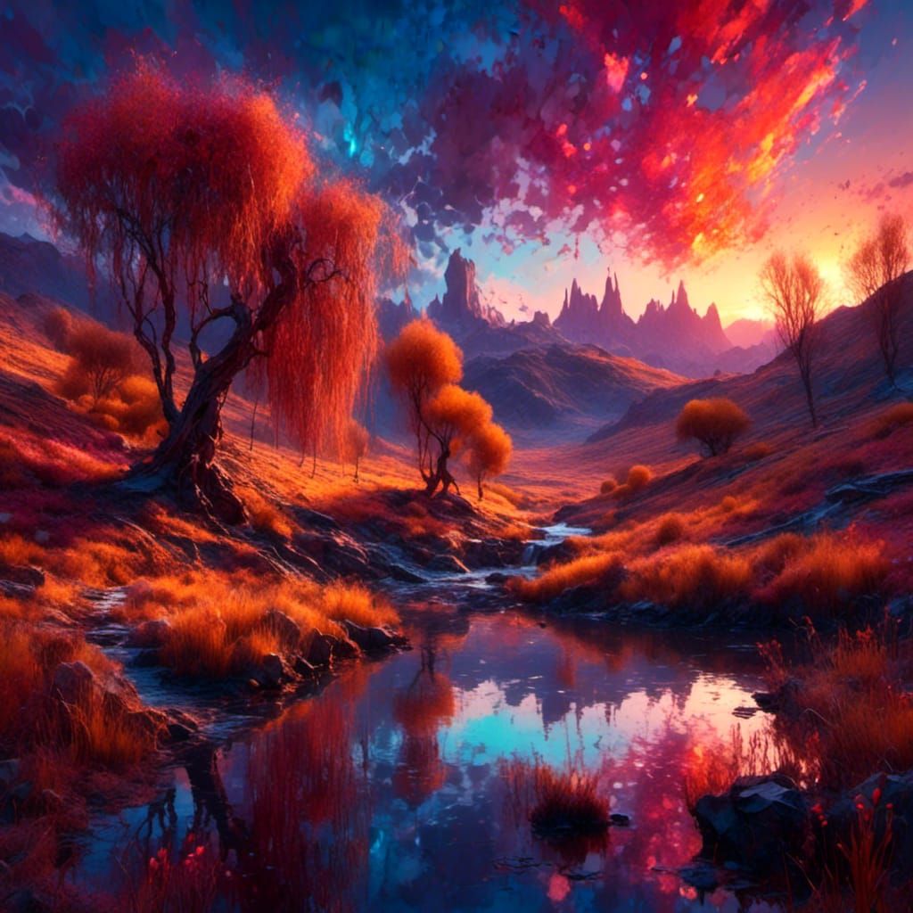 Detailed Colorful Landscape Painting with River and Wolf