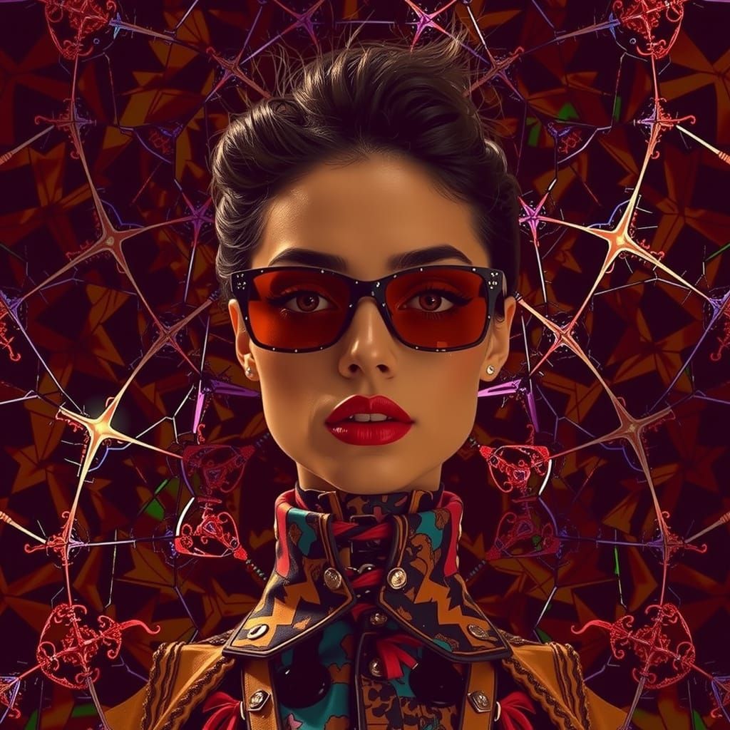 Flamboyant Woman in Chaotic Outfit with Projected Overlay