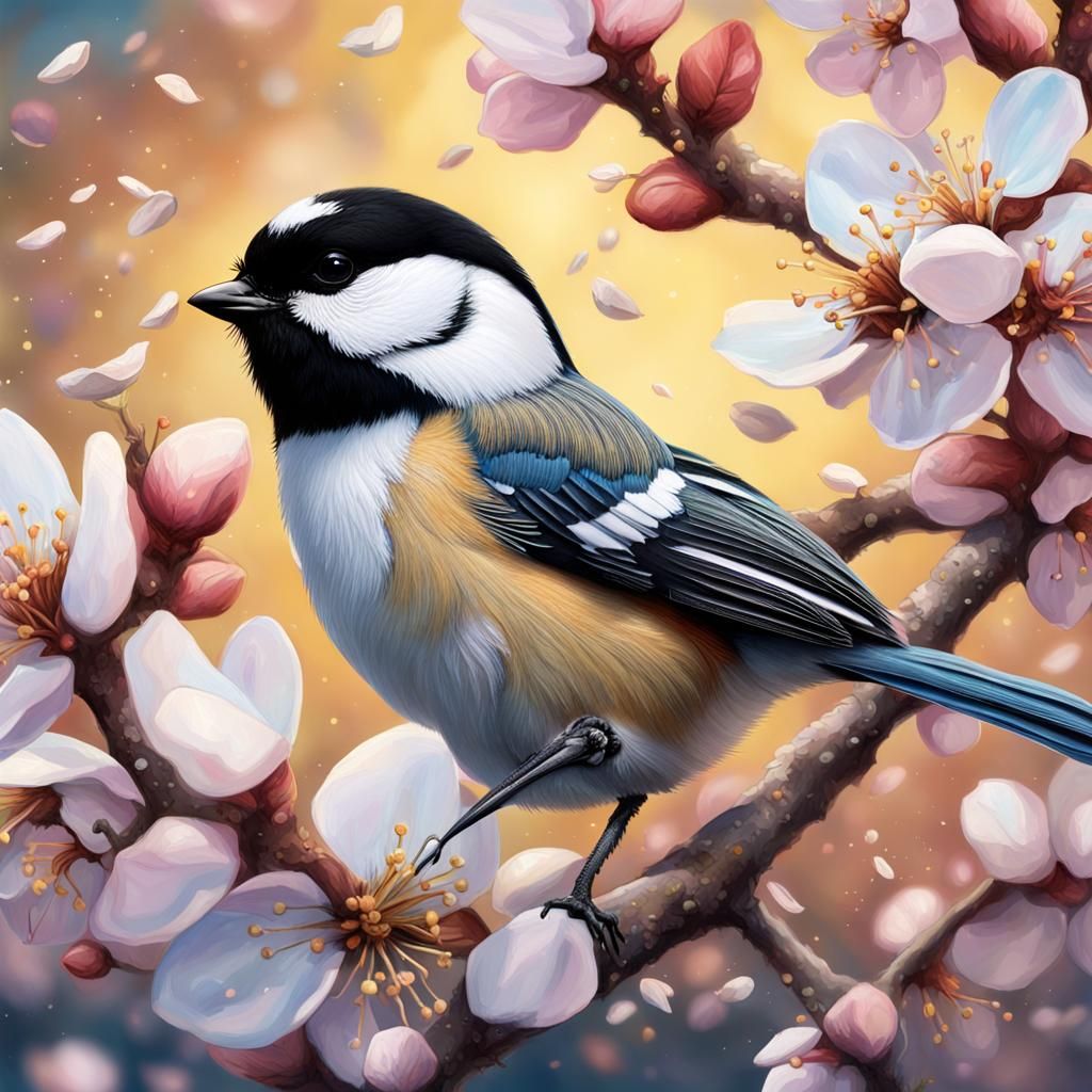 Chickadee on MacBook with Almond Blossoms: Hyperrealistic Ar...