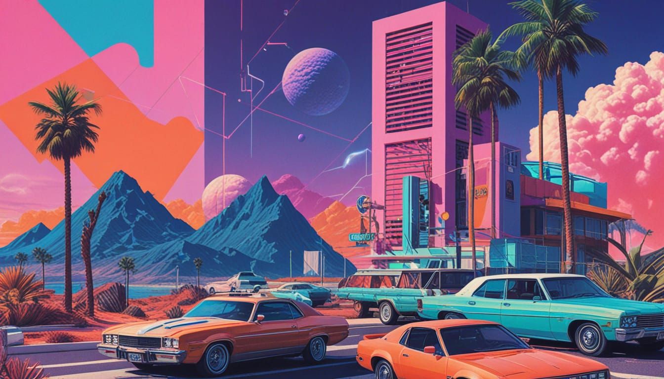 Vaporwave Collage with Retro Game Characters in Surreal Styl...