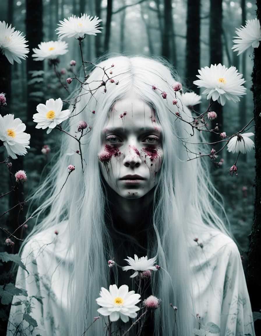 Surreal Ghostly Woman in Forest of Flowers