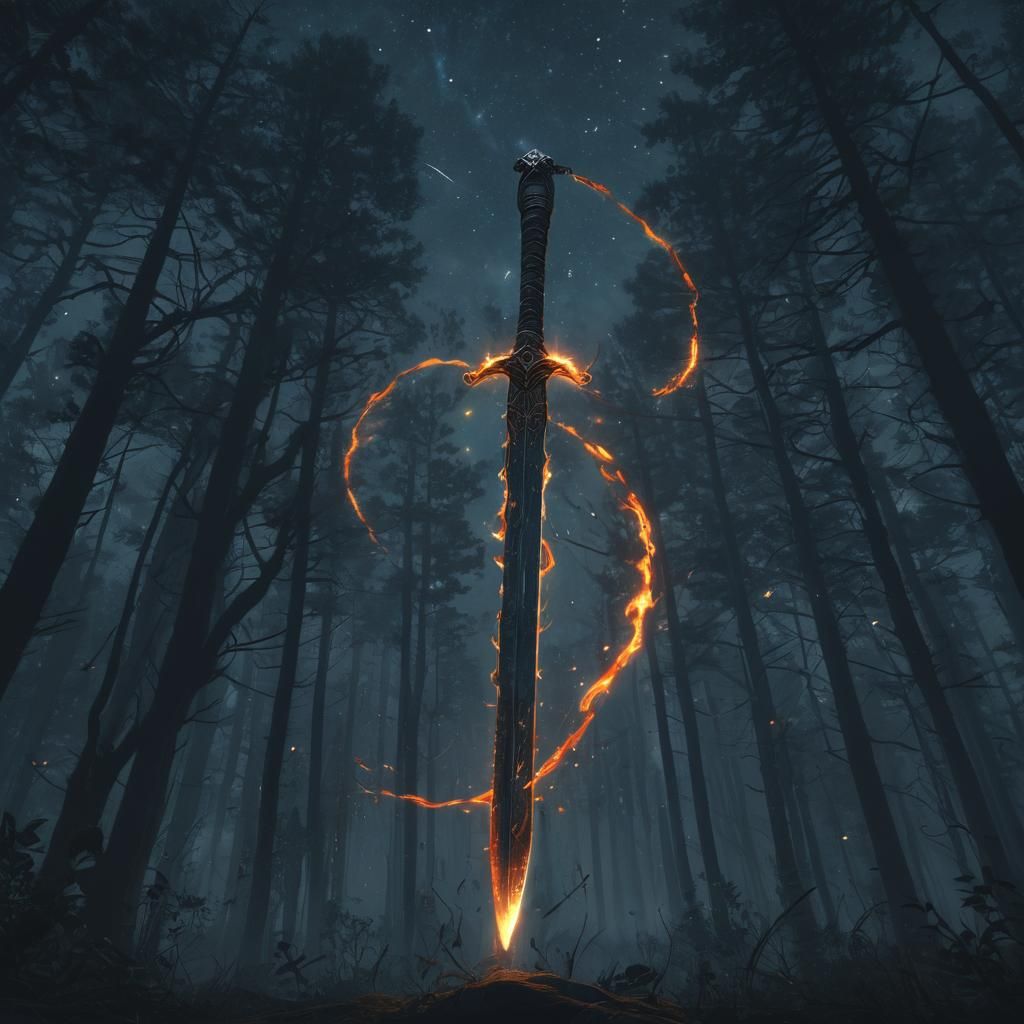Fiery Starlight Sword in Misty Forest