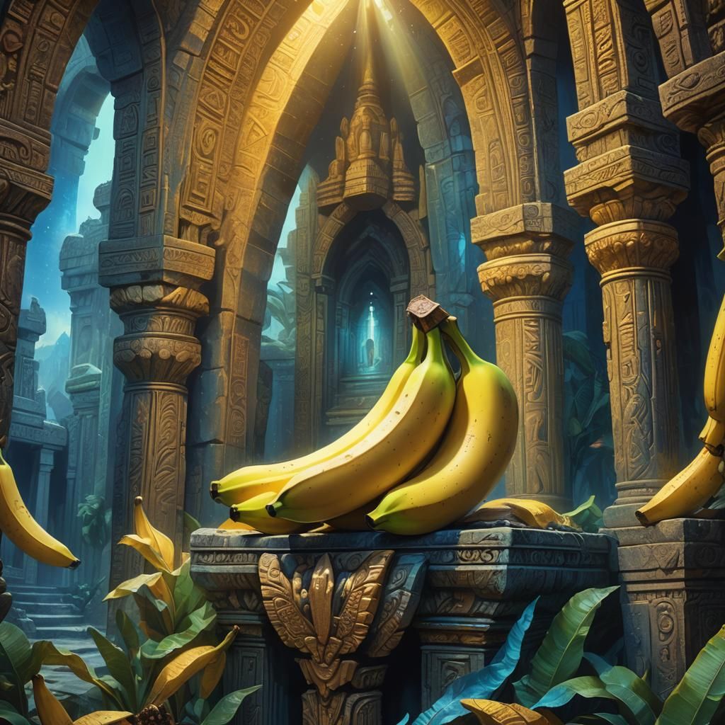 Ethereal Banana Glows in Ancient Temple: Oil Painting