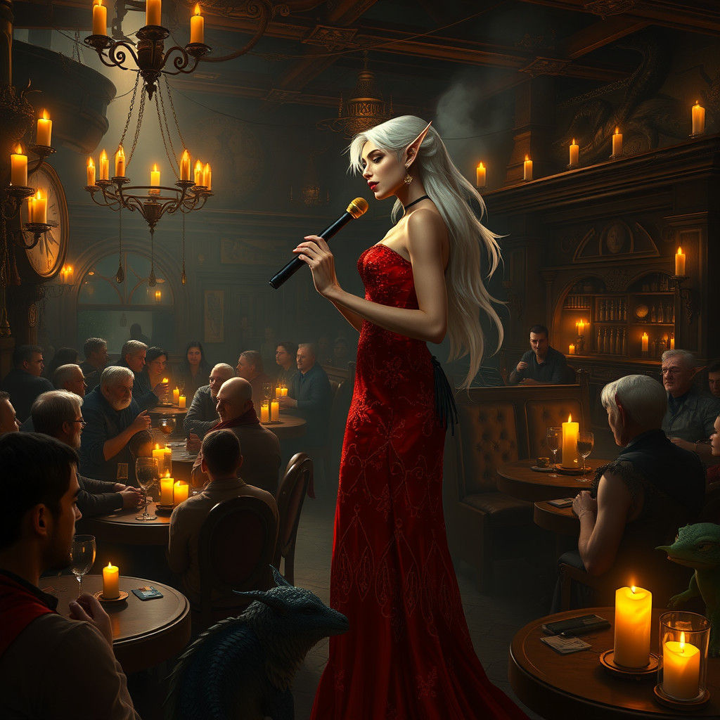Fantasy Tavern Scene with Singing Elf in Matte Painting