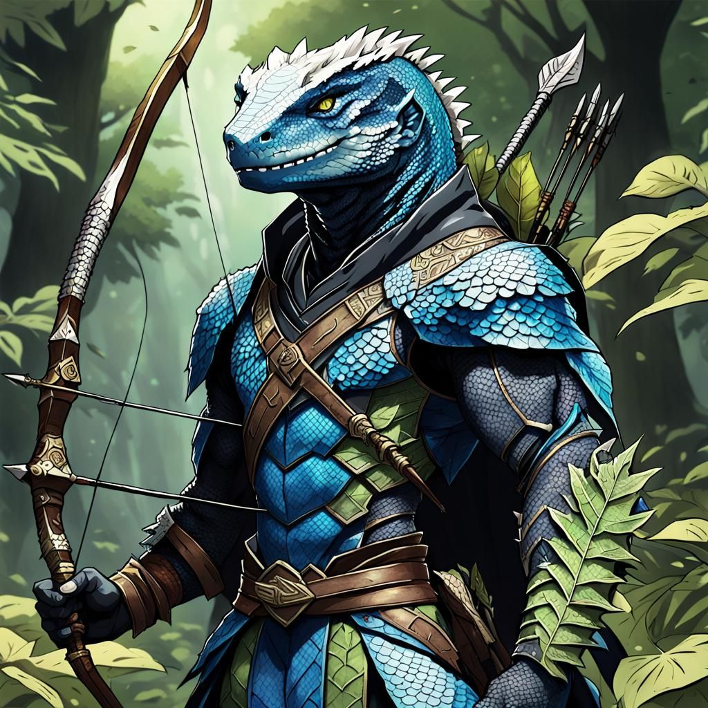 Lizardfolk Warrior with Longbow in Anime Style