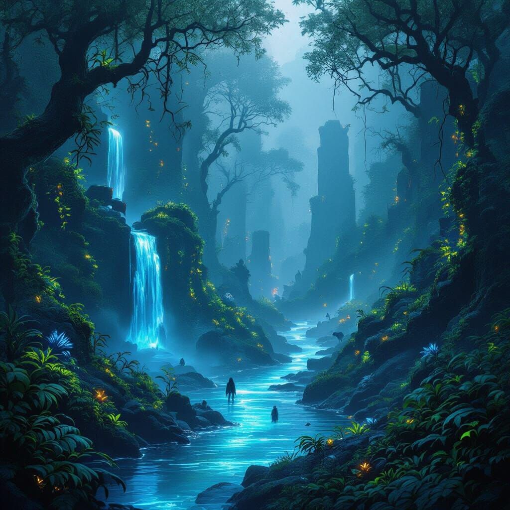 Bioluminescent Forest with Ancient Ruins