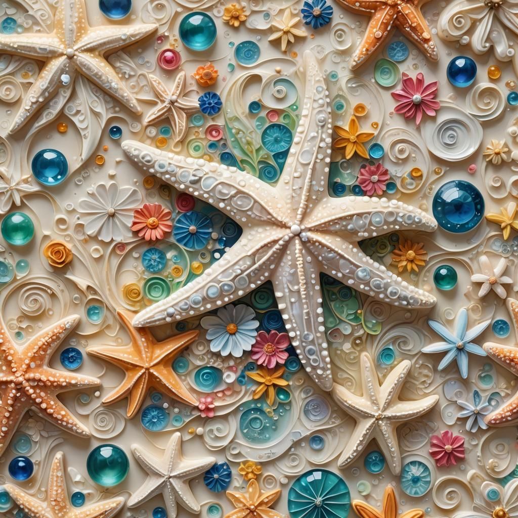 Ivory Starfish with Floral Carvings in Gouache Style