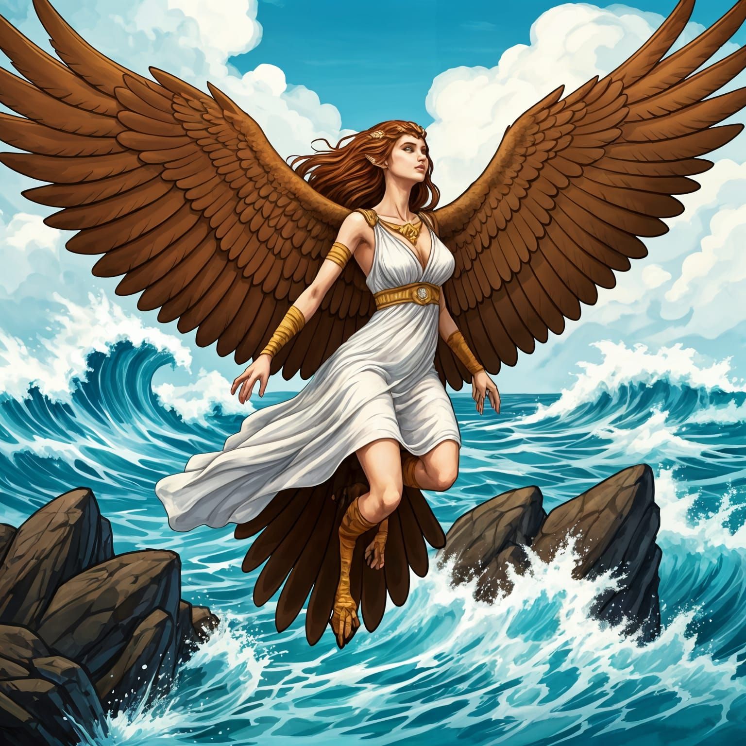 Siren Flying Over Sea Rocks in Anime Style
