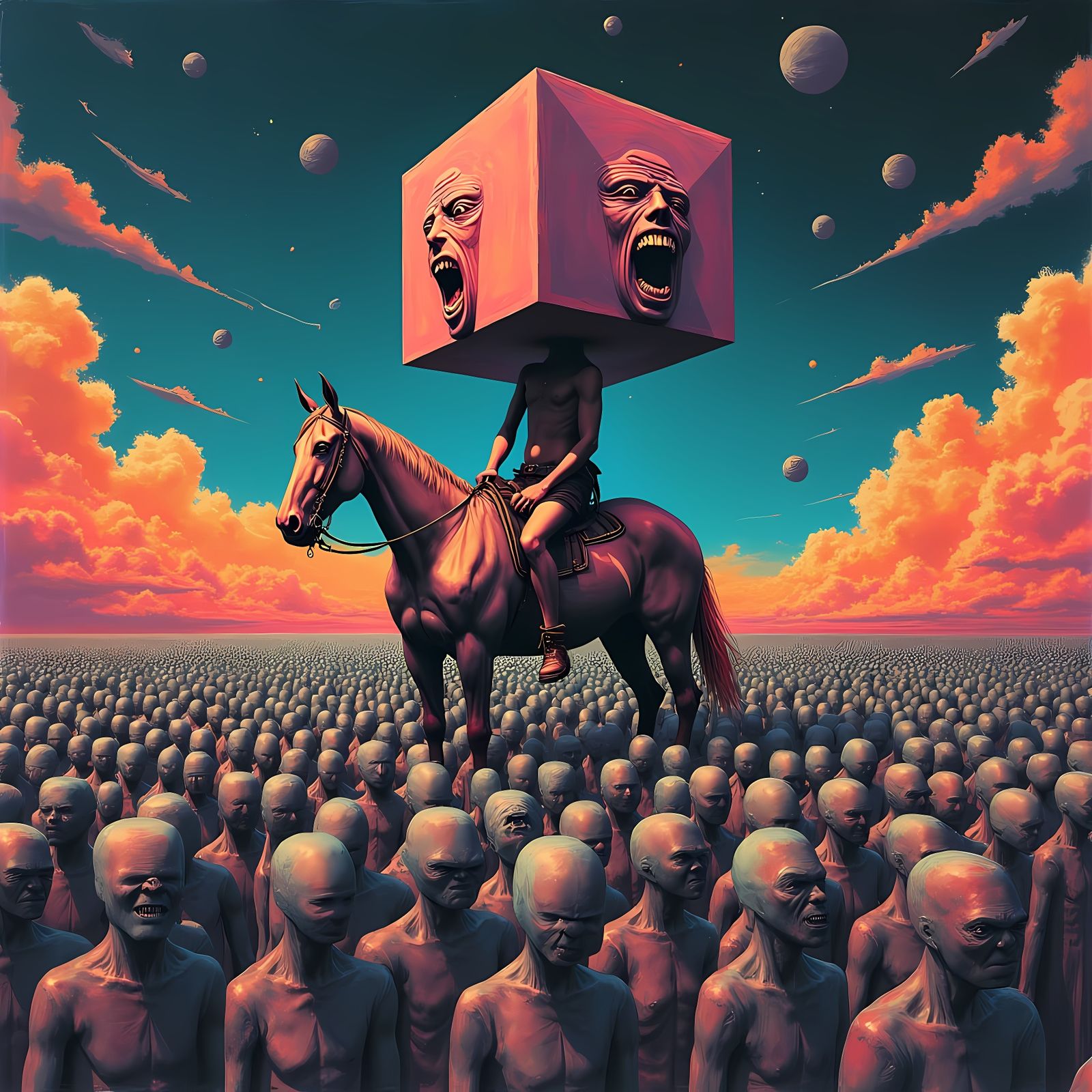 Surreal Psychedelic Deity Rides Geometric Horse Amidst Cube-...