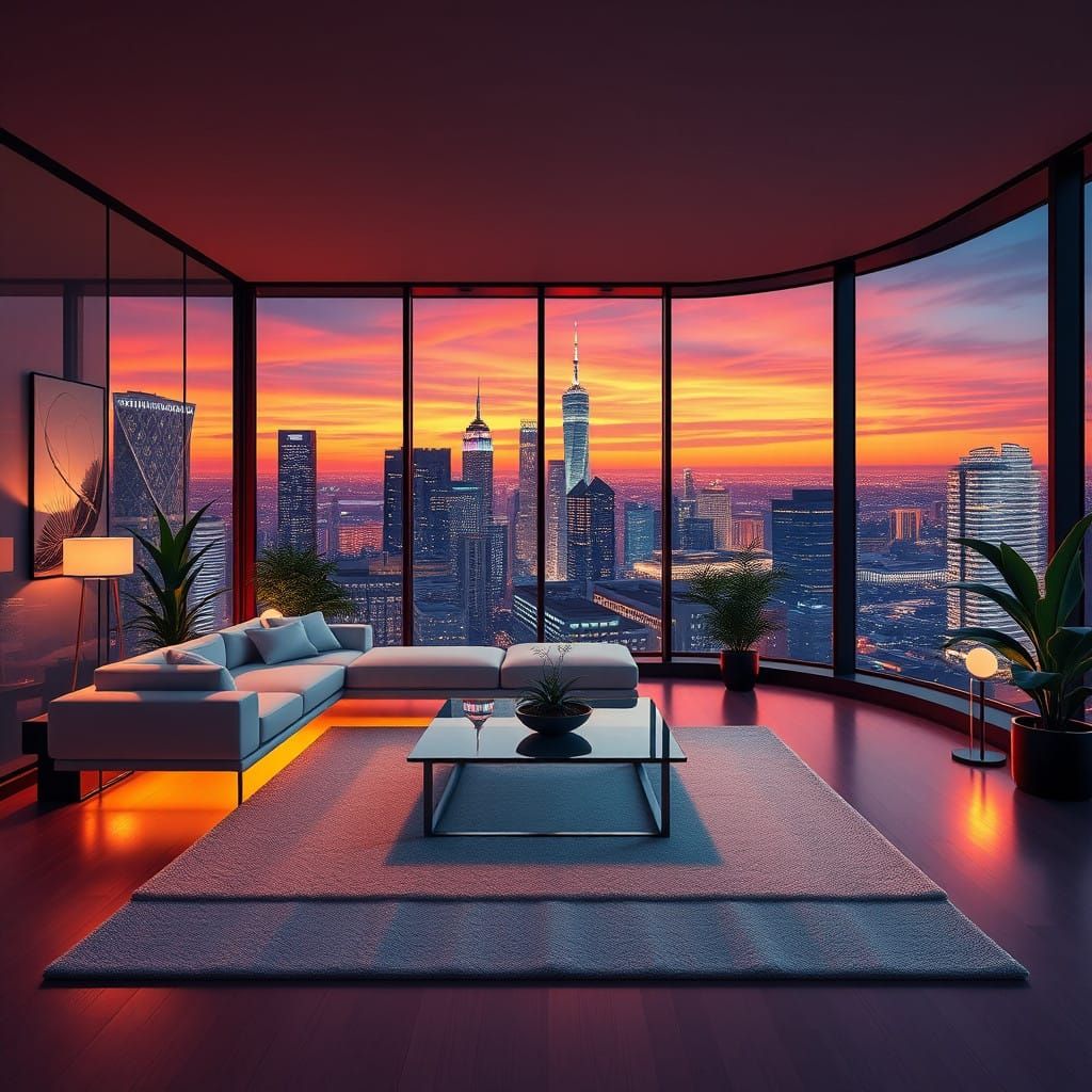 Luxurious Urban Oasis in Neon-Centric Manga Style