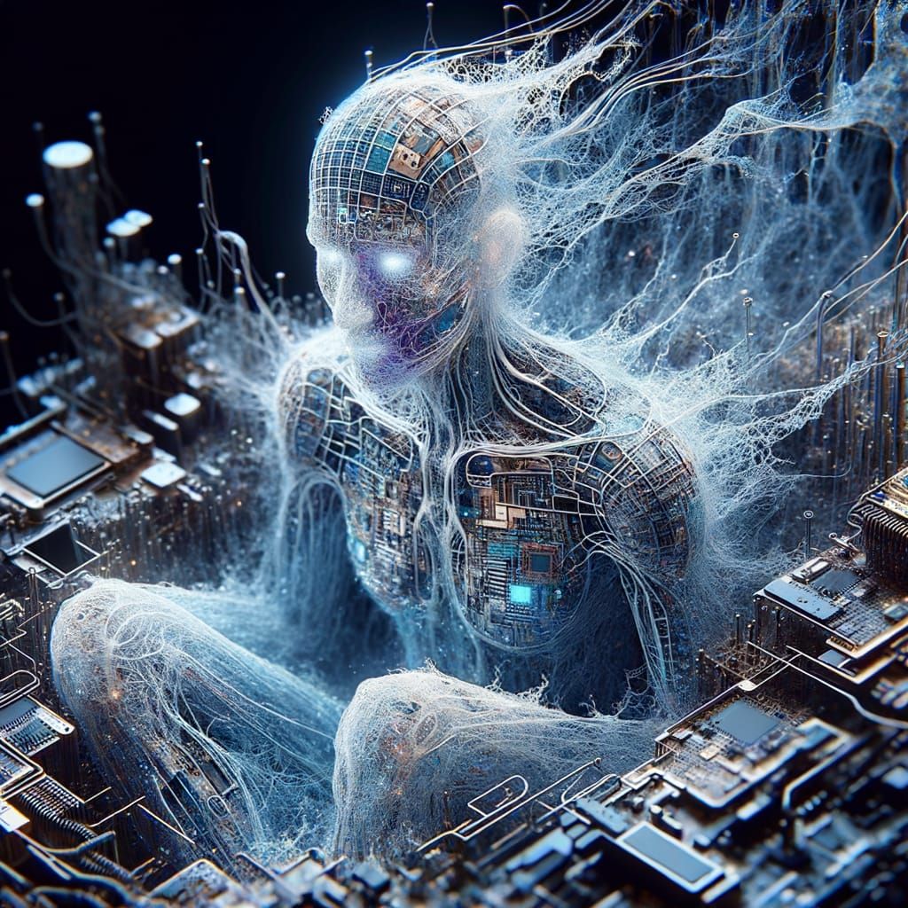 Ghostly Wireframe Figure Emerging from Circuit Board Ice