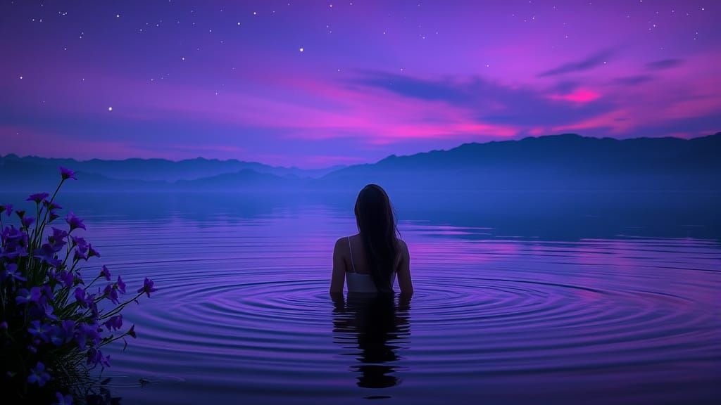 Woman in Calm Water Amidst Purple Flowers and Mountains