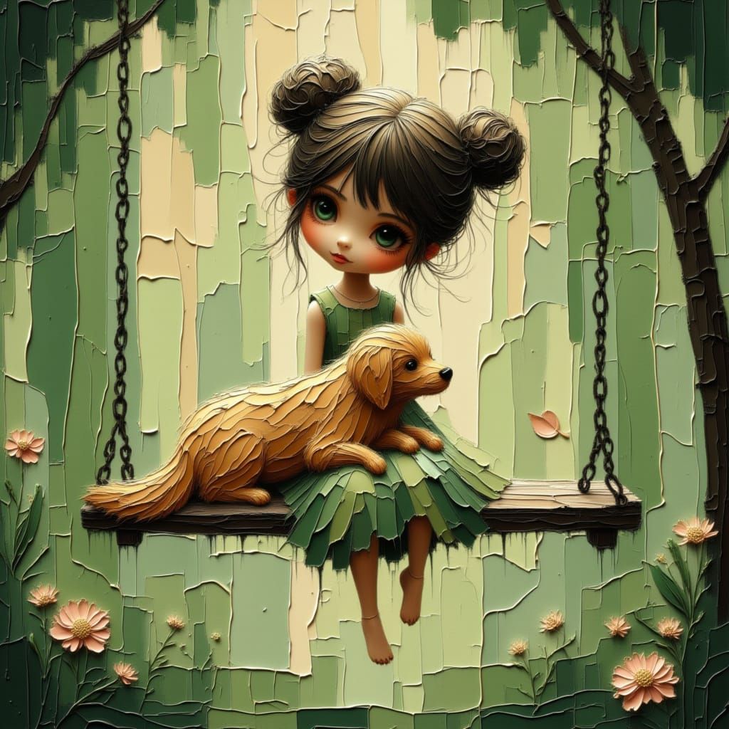 Girl and Puppy on Garden Swing in Painterly Style