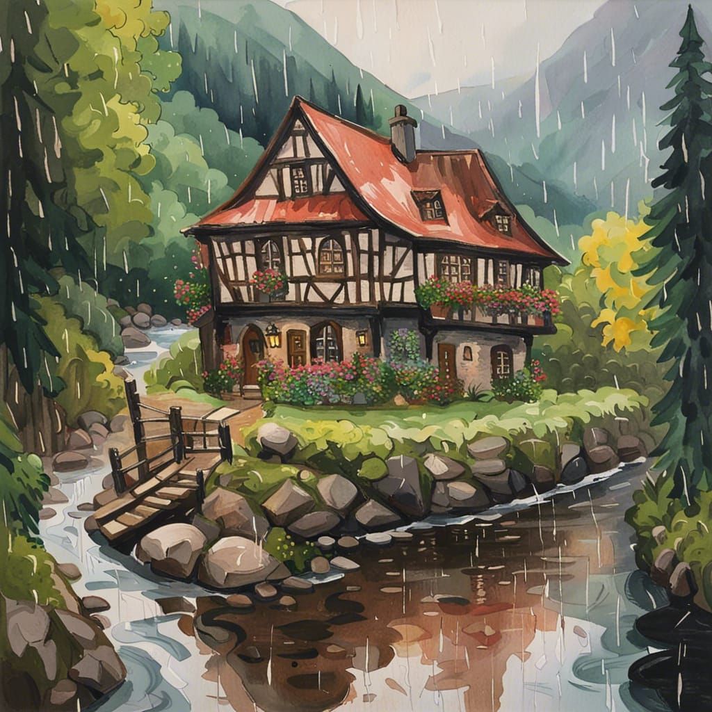 Gothic Cottagecore Tavern in Gouache Watercolor Style