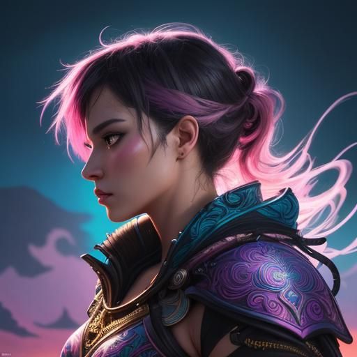 Warrior Goddess Profile in Vaporwave Gouache Style