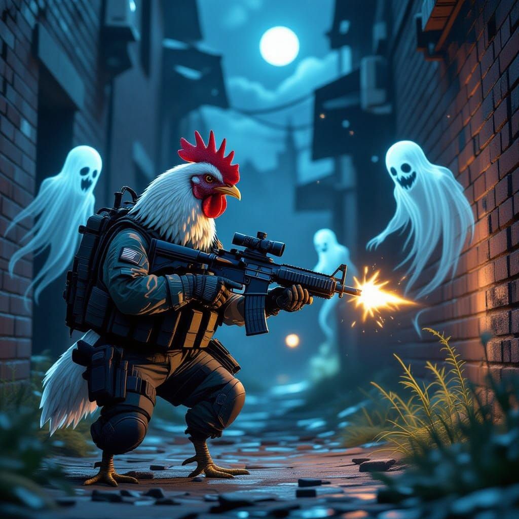 Chicken Battles Ghostly Apparitions in Dark Alleyway