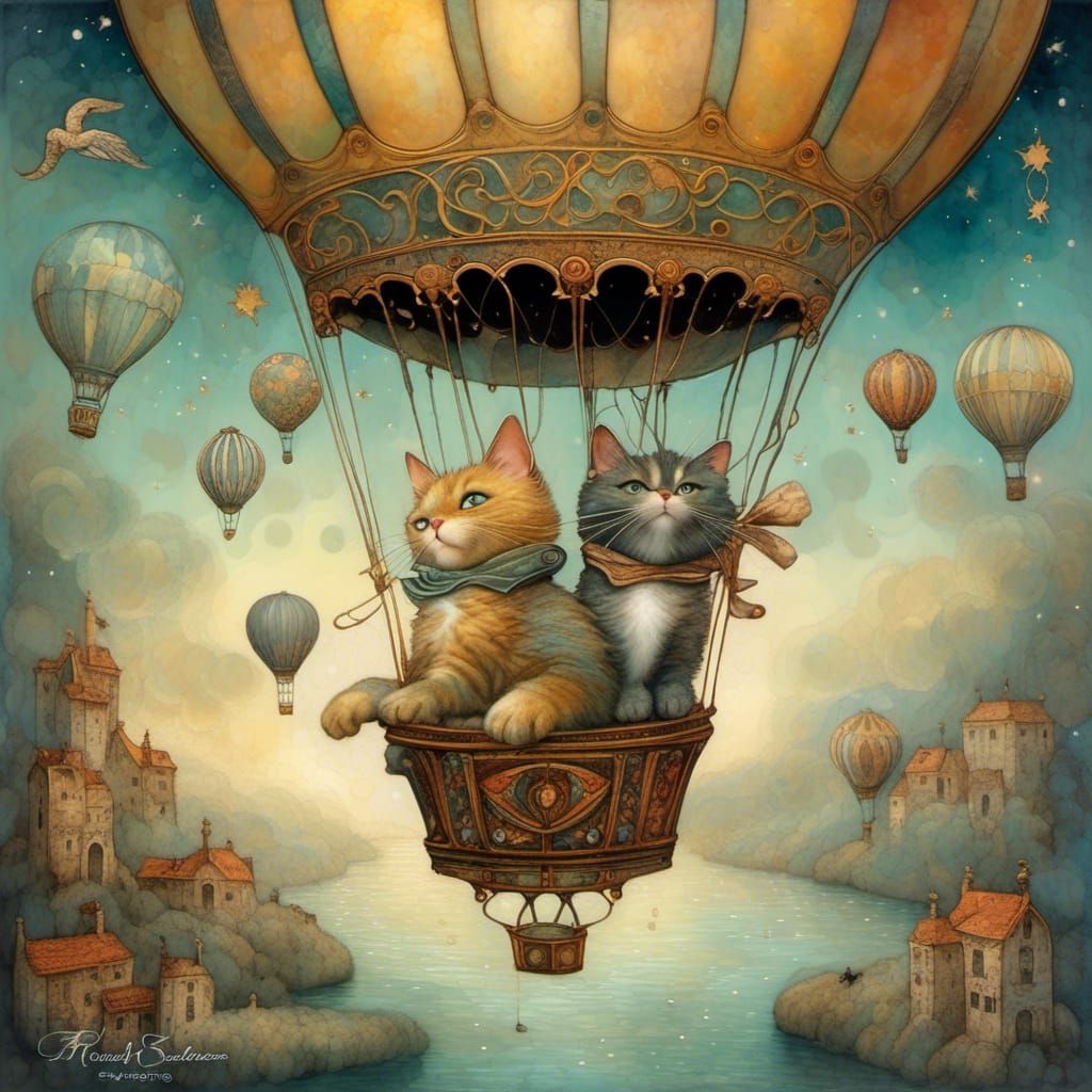 Cat in Hot Air Balloon Inspired by Mucha