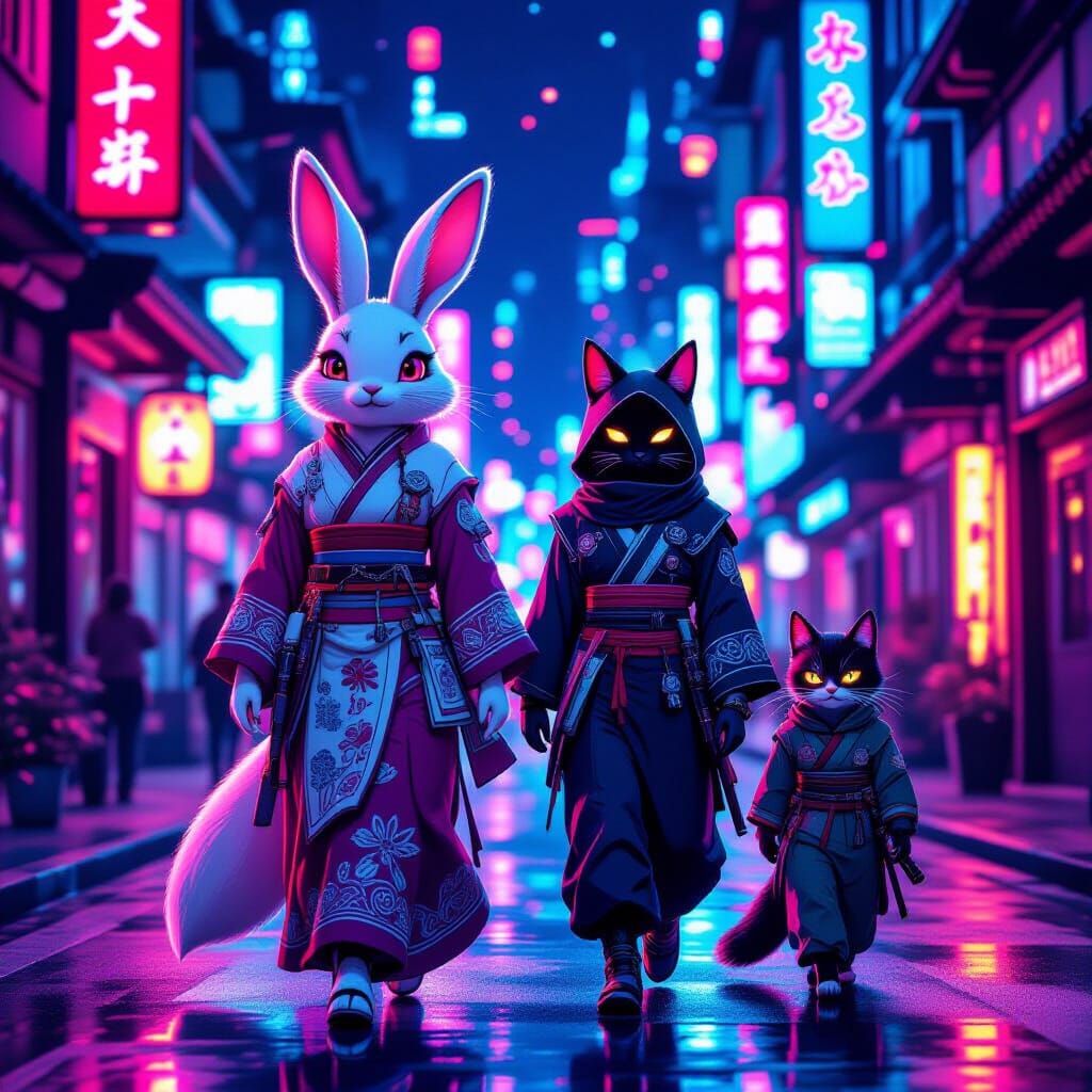 Celtic Rabbit Fox and Cat Ninja in Neon Cyberpunk Art