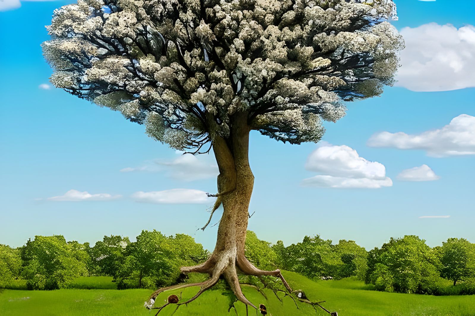 Flowering Tree with Nightingales Against Blue Sky