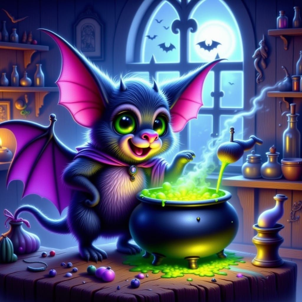 Cute Bat Villain Brewing Potion in Storybook Style