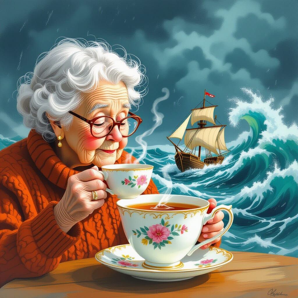 Turbulent Tea: A Storm in a Cup, Dreamlike Scene