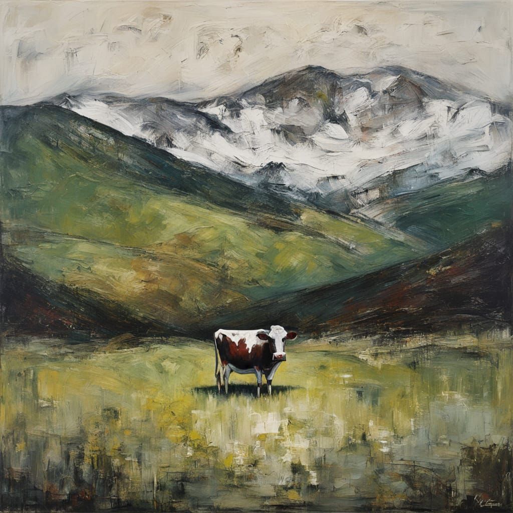 Cow in Swiss Alps Oil Painting with Emotional Intensity