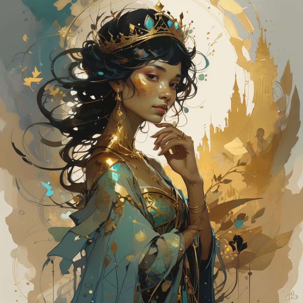 Luminous Portrait of a Queen with Golden Outlines