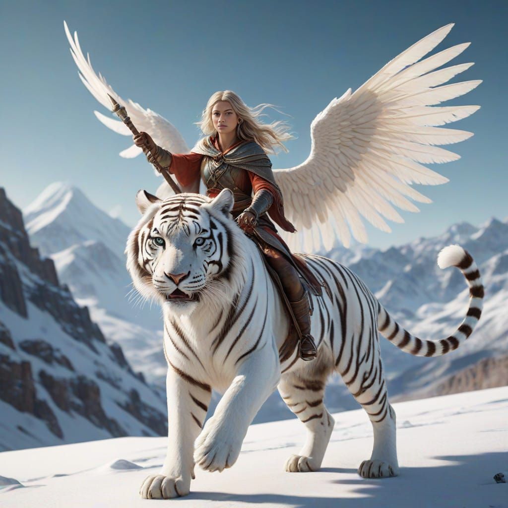 Regal White Tiger Soars Through Majestic Mountains in Ethere...