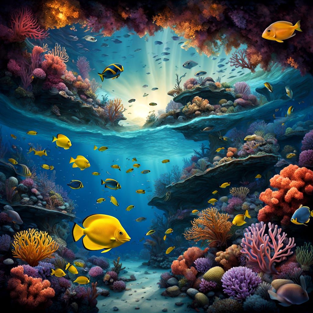 Underwater Coral Reef Ecosystem with Volcano