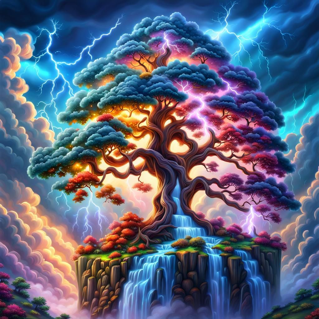 Fantasy Cloud Tree with Lightning Waterfall