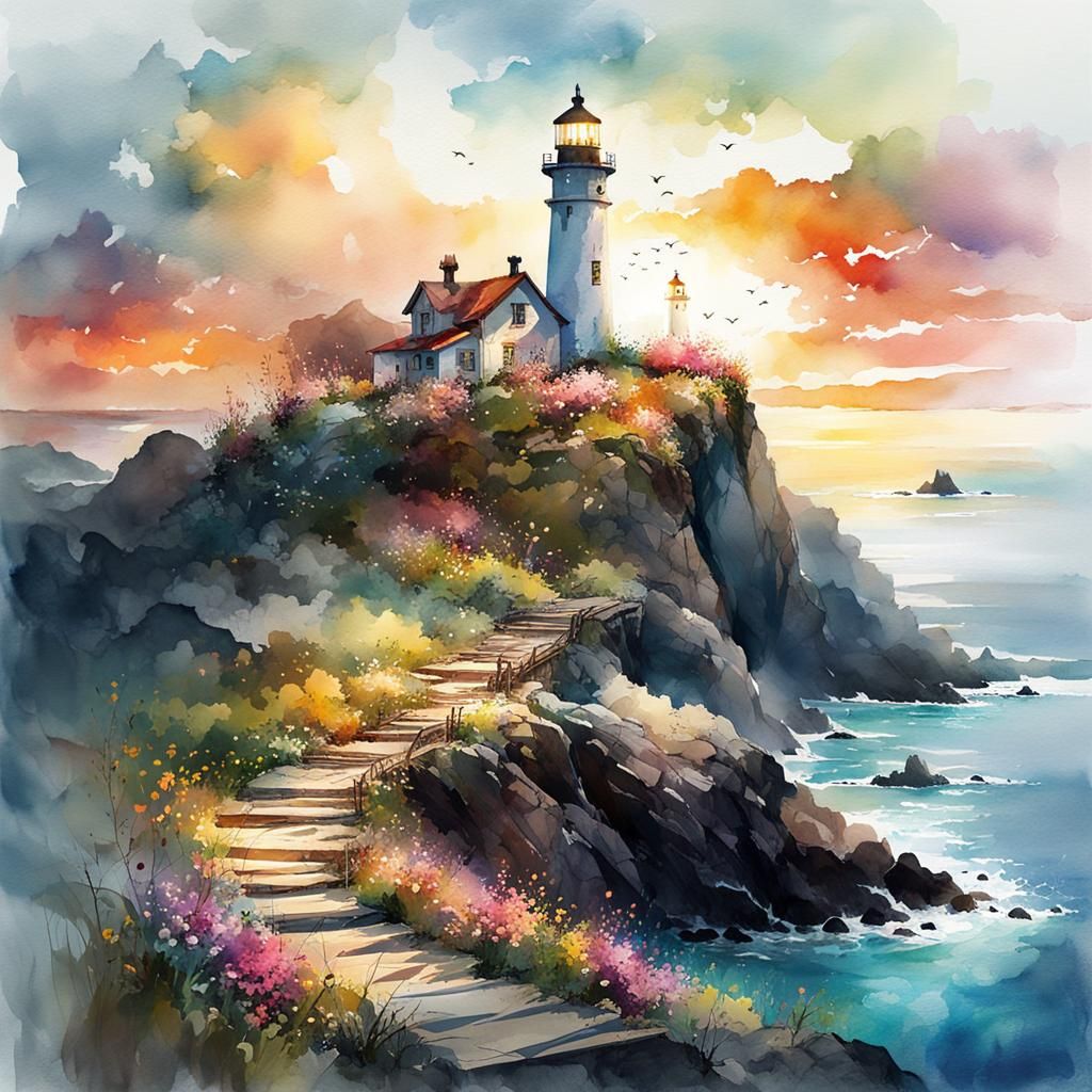 Lighthouse on Rocky Coast in Digital Watercolor