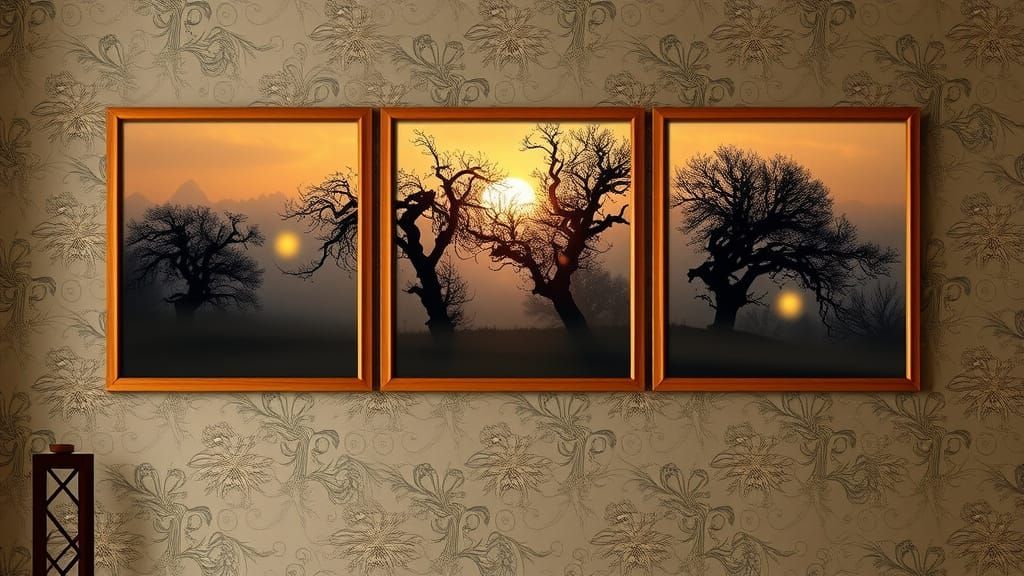 A canvas triptych, with 3 minimalist frames, of a country sc...