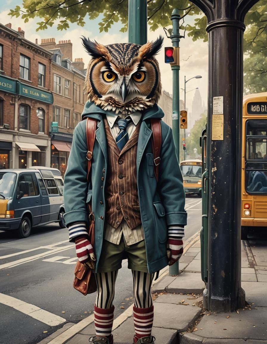 Whimsical Boy-Owl at Bus Stop: A Magical Fantasy Portrait