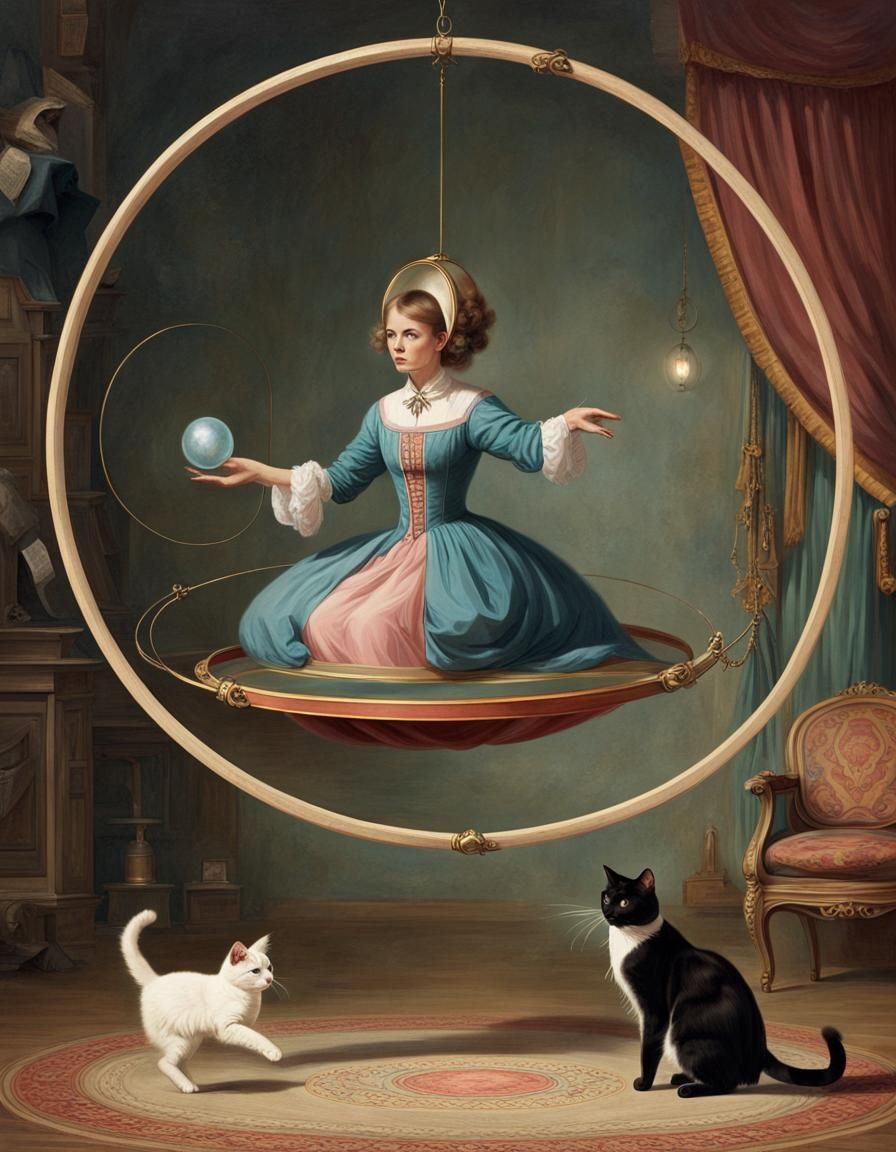 Woman and Levitation Cat in Magic World