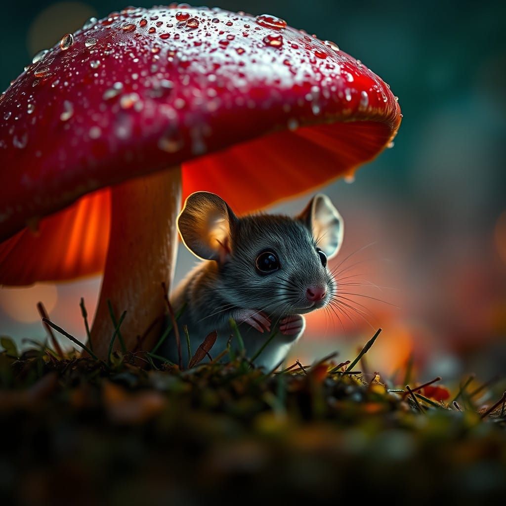 Whimsical Hyperrealistic Mouse Takes Refuge Under a Vibrant...
