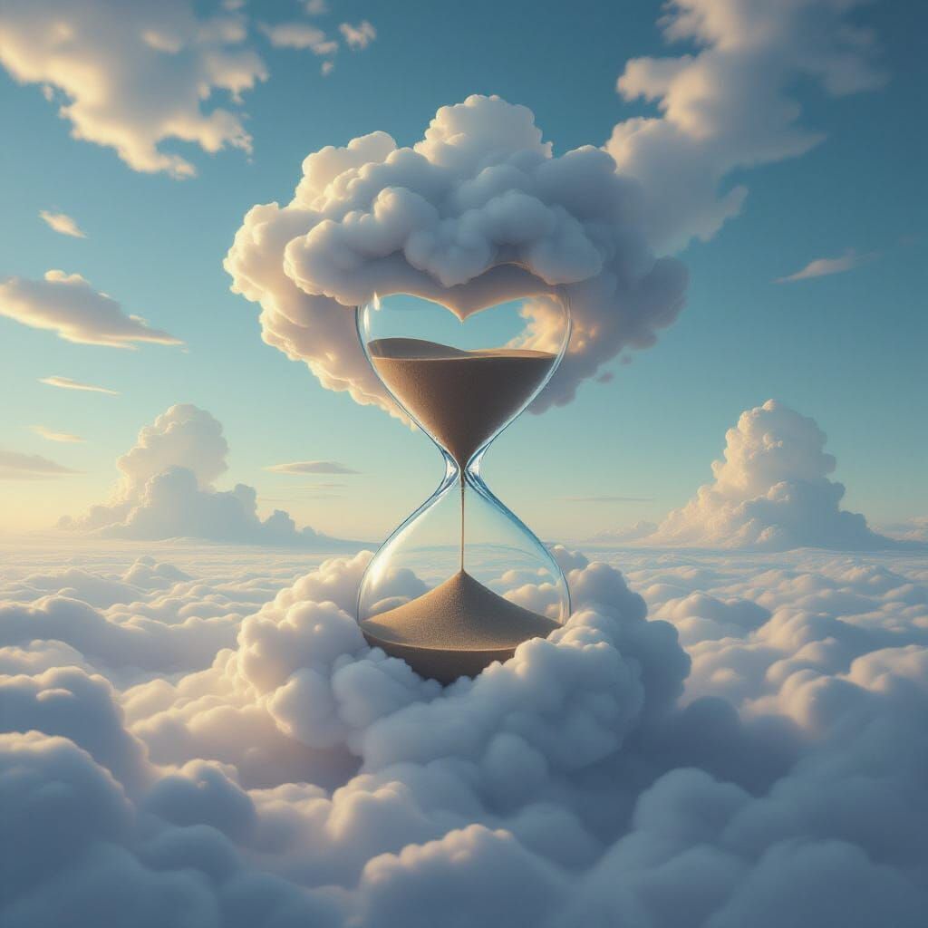 Ethereal Hourglass: Surreal Cloudscape in Digital Art Style