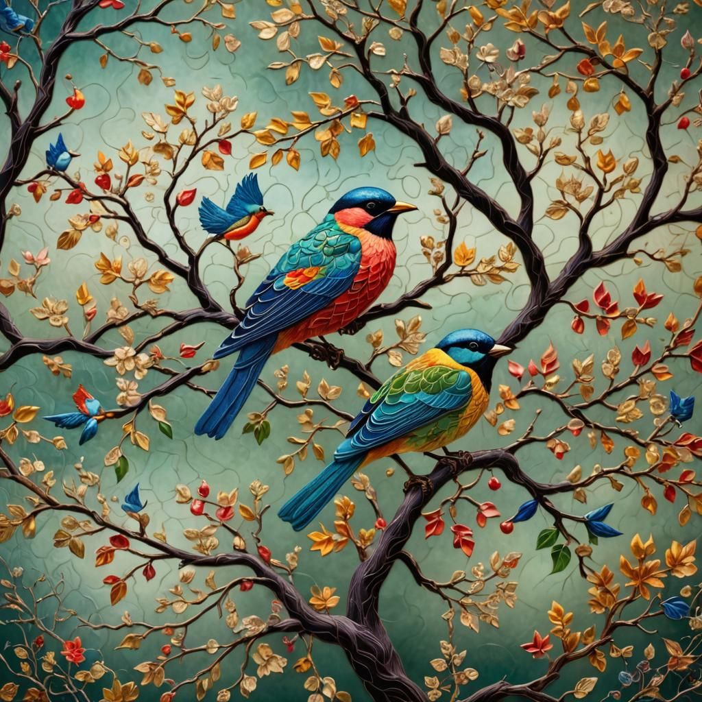 Gemmed Tree with Singing Birds in Hyperrealistic Style