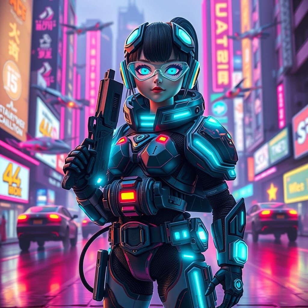 Hyperrealistic Cyberpunk Warrior Doll in Vibrant Cityscape