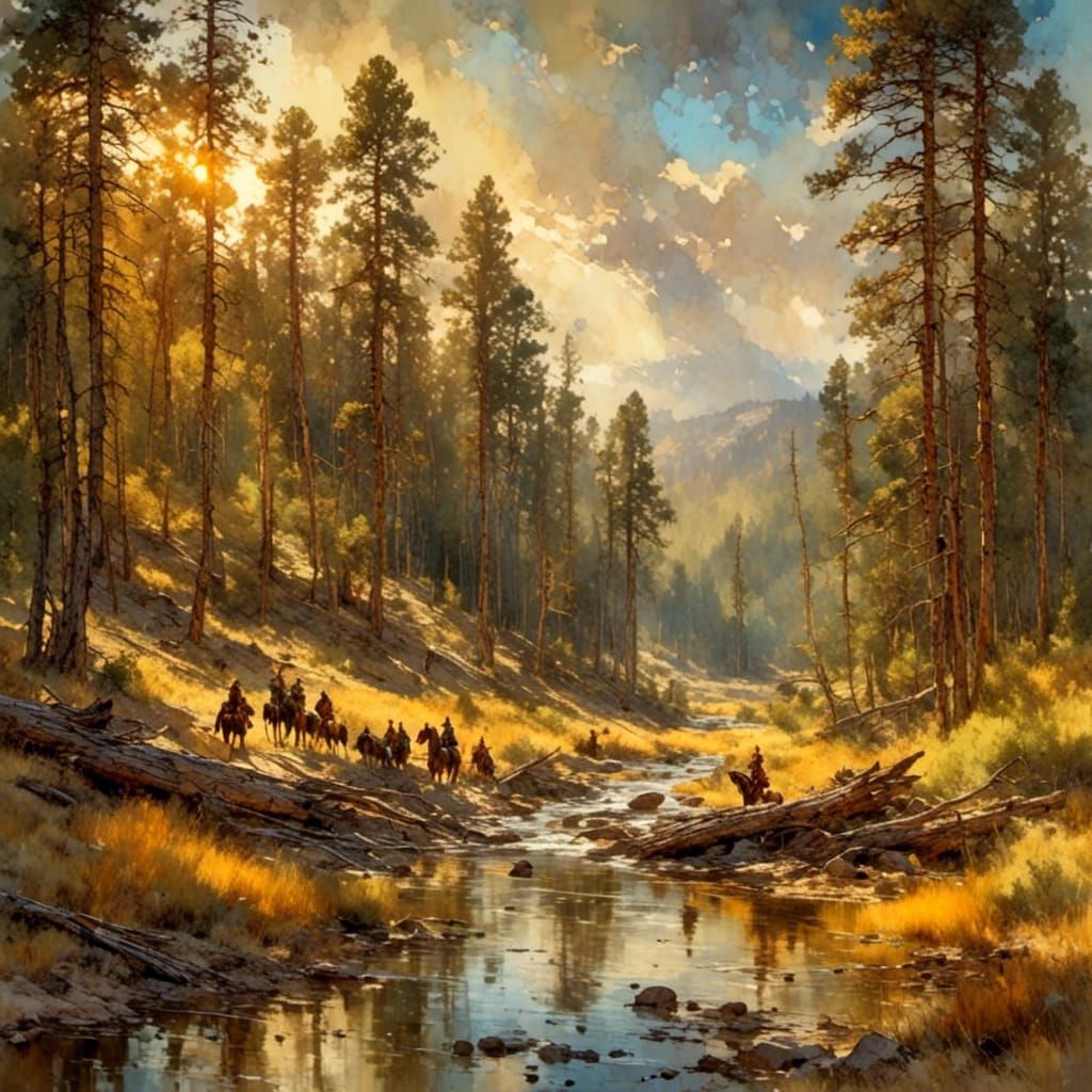 Native Riders Cross The Creek