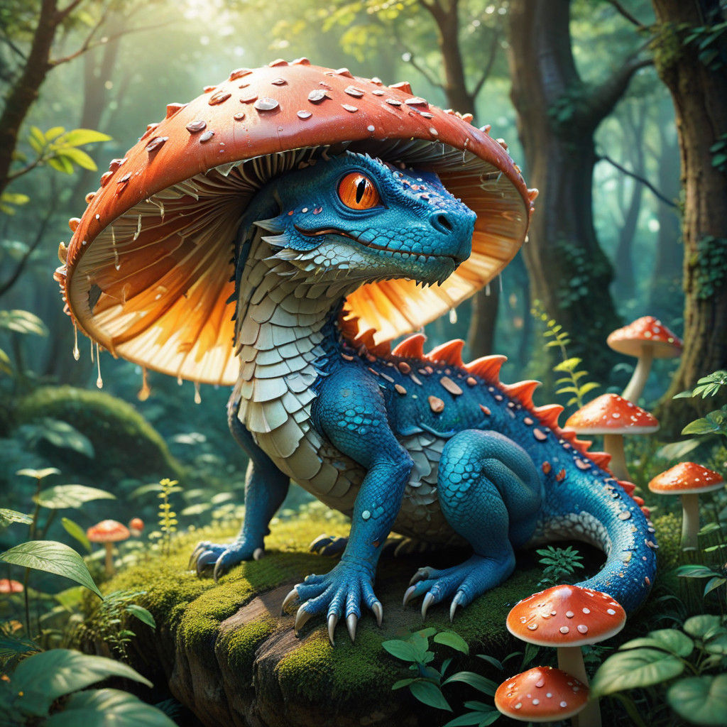 Vibrant Anime Dragon Perched on a Mushroom in Whimsical Japa...