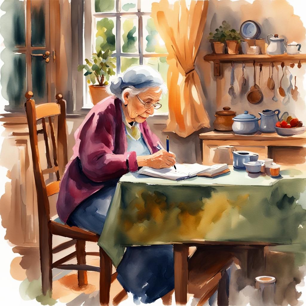 Cozy Kitchen Scene: Old Lady's Watercolor Diary